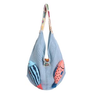 XEANG Summer Cotton Crochet Shoulder Bag ic Buckle Fish Tassels Beach Handbag Casual Contrast Color Hollow Out Woven Bag Girls