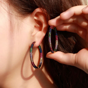 SEQUITO Trendy Rose Gold Plated Nightclub Party Jewelry Paved Multicolor AAA Cubic Zirconia Big Round Circle Hoop Earrings for Women SE403