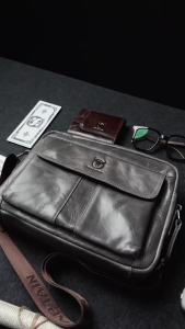 BULLCAPTAIN Leather Casual Shoulder Bag Mens 10 Inch iPad Crossbody Bag Vintage