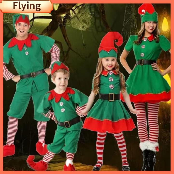 FLYING 2024 Christmas Elf Costume Green Kid Adult Family Matching