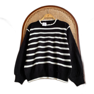 Blus Knit Stripe Casual Wanita Lengan Panjang | Atasan Rajut Motif Garis Nyaman