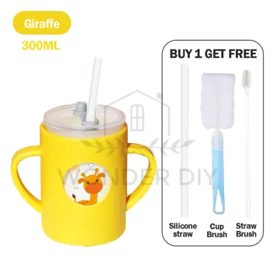 Wonderbaby👼 Baby Silicone Cover Glass Drinking Cup Milk Mug | Kids Training Learning Cup Straw | Cawan Air Kanak-Kanak