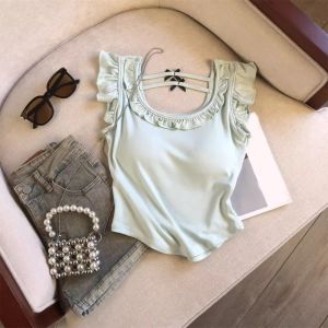 YSUNNY Ruffled Edge Bow Short Sleeve T-shirt Bow Sweet Y2K Slim Crop Top Korean Style Pullover T-shirt with Chest Pads Girls