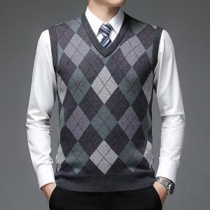 Áo len kim cương Argyle mới của thương hiệu thiết kế thời trang mùa thu áo vest đan cổ V cho nam 6% len không tay trang phục nam thường ngày