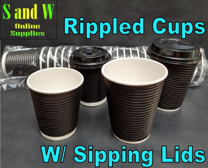 Paper Coffee Cup, Rippled Cups, With Sipping Lids, Black (25 Pieces