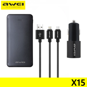 AWEI X15 Smart Charging Safe and Fast 10000mAh Slim Power Bank + 2.4A Car Charger + 2 in 1 Charging Cable SET