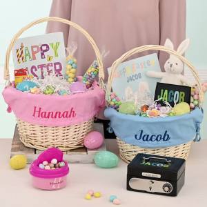 Personalization Universe Personalized Hand-Woven Willow Easter Basket with Folding Handle - First Easter Egg Hunt Vintage-Inspired Design Embroidered with Any Name - Green Check