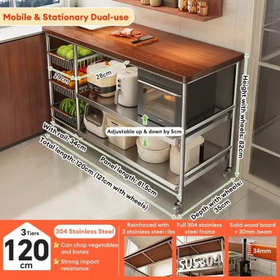NINI 304 Stainless Steel Kitchen Island Cart with Wheels Large Storage Workstation Table Adjustable Shelves Mobile Kitchen Prep Counter Organizer