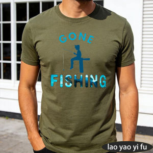 [Local Stock] HBESTY  Gone Fishing Angler Silhouette Ocean Text Men Summer Cotton T Shirt Outdoor Hobby Fisherman Graphic Casual Holiday Wear Tee