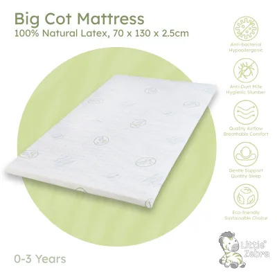 Little Zebra - BIG COT Baby Mat Latex 70x130cm - 100% Natural Latex - Lightweight & Convenient Foldable Mat For Kids Toddlers 1-3 years old - Portable Crib Mattress - Baby Mattress Topper