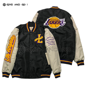 JAKET BASEBALL VINTAGE JACKET LAKERS JAKET BOMBER VARSITY HITAM TEXT UNGU BORDIR