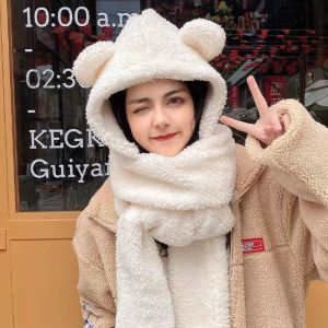 DYT Thickened Plush Hat Scarf Gloves Set Cute Bear Ear Winter Warm Ear Protection Caps Neck Warmer Solid Color Integrated Cap Scarf Outdoor