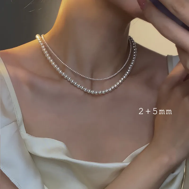 Viviann Original 4mm/6mm/8mm/10mm S925 Silver Button Baby Pearl Large Size  Pearl Necklace Sweater Chain Collar Neckchain Vintage Style Simple 6MM