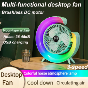 Desktop fan Colorful LED desk fan (Five-color) Three wind speeds USB charging rechargeable silent air circulation fan live atmosphere lighting RGB Light Show Fan Brushless motor for Home/office/shop