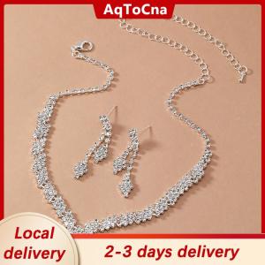[COD] AqToCna Ship within 24 hours 2Pcs Simple Geometric Zircon Necklace Earrings Kit For Women Wedding Bride Jewelry Set Accessories Gift