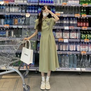 Casual Simple Polo Collar Short Sleeve Dress for Women Summer Slim A-line Skirt
