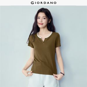 Giordano Women Contrast notch neck short sleeve slim tee Free Shipping 05326411