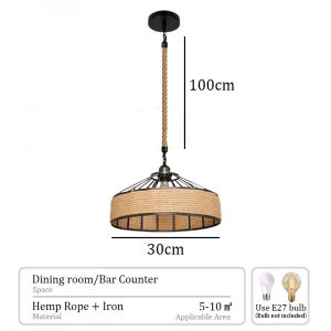 Pendant Light American Country Retro Industrial Hemp Rope Chandelier Home Decor Woven E27 Ceiling Light Yurt Hanging Drop Light for Living Dining Room Restaurant Cafe Bar Balcony Loft Decorative Lighting