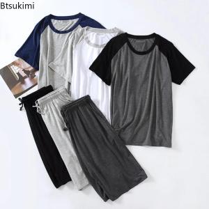 2026 Mens Summer Modal Pajama Sets O-neck Short Sleeve Tops and Short Pants Home Wear Man Loose Soft Colorblock Nightwear Sets2026