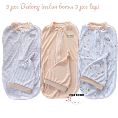 3 pcs bedong instan bayi newborn 0-4 bulan / harga promo free 3 pcs topi