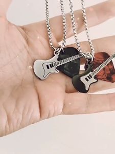 Hip-hop Guitar Pendant Necklace Titanium Steel Punk Guitar Chain Choker Trendy Vintage Electric Guitar Sweater Chain Jewelry Rock Guitar Pick Pendant Necklace for Men Women Friendship Hip-Hop Perfect Gift for Guitarists & Music Fans