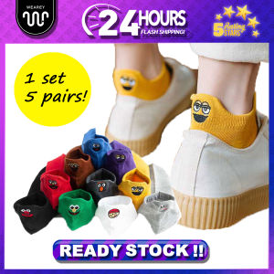 WEAREY (5 pairs) Women Shallow Mouth Solid Color Cotton Boat Socks Stocking with Cute Expression Stoking Kapas Wanita Warna dengan Ekspresi Comel