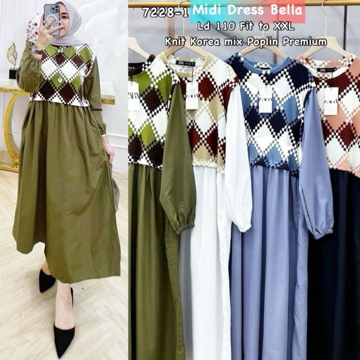 MIDI DRESS BELLA | MIDI MIX MOTIF BAHAN KNIT KOREA MIX POPLIN PREMIUM | MIDI  MIX RAJUT IMPORT KEKINAIN VIRAL TREND HITS FASHION MUSLIM Dress Muslim  Casual Round Neck - Lazada | Lazada Indonesia