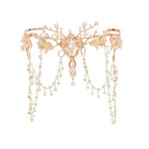 Tiara of Elves Gold Plated Crown Fashion Fairy Ethnic Long Tassel Full Crystal Women Hair Accessories