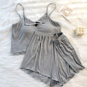 Comfortable Spaghetti Straps Fixed Padded Pajamas for Women Summer Leisure Wear New Gray Sleeveless Camisole Shorts Pyjamas Two-piece Set Female Girls Plus Size Thin Nightwear