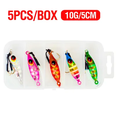 5pcs/boxed 10-60g Fishing Lure Glow Metal Slow Jig Vertical Jigging Artificial Casting Lure 3D Eyes Fishing Bait 5-8.5cm Fishing Trolling Lure with Assist Hook