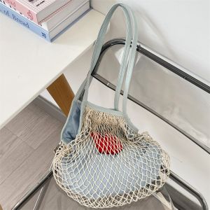 IU MISS Portable Mesh Shoulder Bag Fresh Color Large Capacity Woven Grocery Bag Washable Shopping Handbag Women