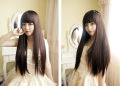 Wig Full Lace Sintesis Rambut Panjang Lurus Wanita Natural. 