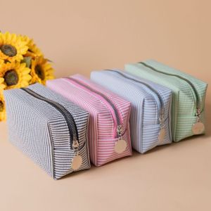 GORGE Soft Seersucker Fabric Makeup Bag Striped Zipper Closure Cosmetic Pouch Cute Multi-purpose Toiletry Pouch School Supplies