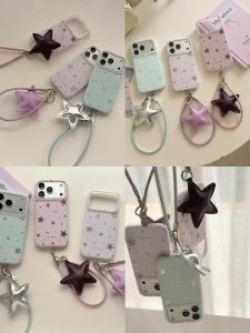 Korean Cute Star Phone Case For iPhone 17 Pro 16 15 Pro Max Back Cover with Hand Rope Charm Kawaii Cases For 17 Promax