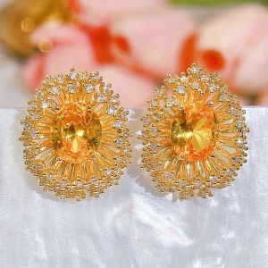 SEQUITO ต่างหูชุบทองละเอียดอ่อนประดับหินวงรีสีส้มเพทายลูกบาศก์ AAA เล็กๆดีไซน์ใหม่รูปร่างเม่นการจัดเลี้ยง SE962ต่างหูหมุดอันใหญ่