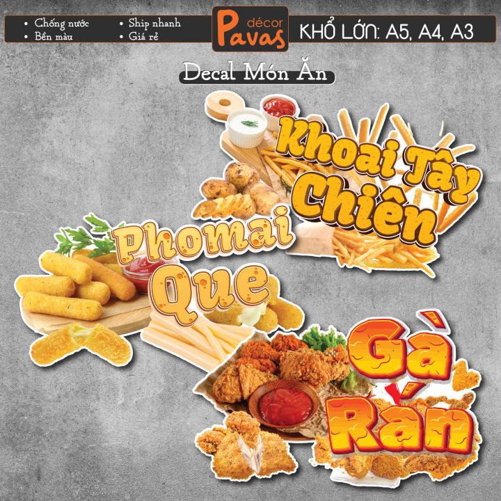 Decal Gà Rán, Khoai Tây Chiên, Phomai Que chống nước trang trí dán quán ...