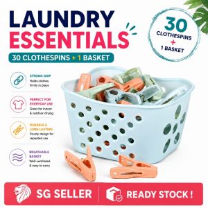 Clothes Pegs 30pcs + 1 Basket Laundry Clips Drying Clothes Pins Strong Grip