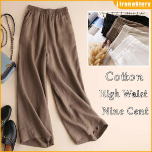 IRENASTORY Women Cotton Pants High Waist Elastic Waist Straight Wide Leg Slacks Solid Color Plus Size Casual Pants