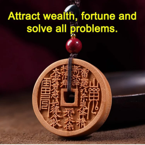 【Good Luck! 】Old Peach Wood Mountain Ghost Coin Pendant Car Keychain Pendant Gossip Amulet Ancient Coin Necklace Copper Coin老桃木山鬼花钱吊坠