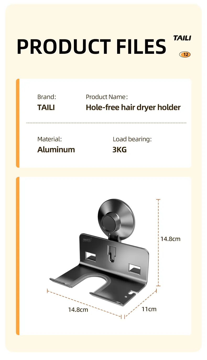 Description Picture 2 of itemTAILI Suction Cup Hairdryer Holder No Drill Organizer Bathroom Shelf Dryer Straightener Stand Holder Shelf Bathroom Accessories