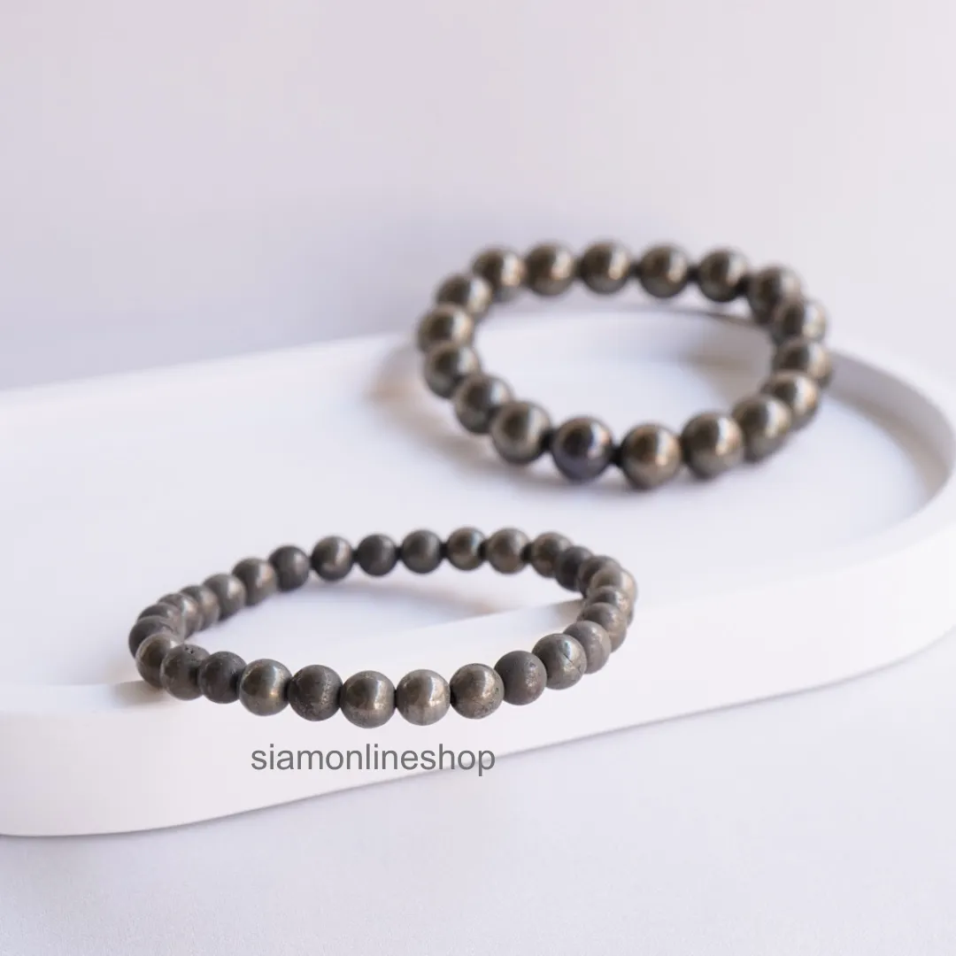 PYRITE ไพไรต์ เพชรหน้าทั่ง เลือกขนาดเม็ดหินได้ (4-14 มม) หินแห่งการดูดทรัพย์ ดูดเงิน สร้อยข้อมือหินแท้