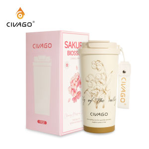 CIVAGO(17oz/510ml)Vacuum Insulated Tumbler With Straw Large Capacity Ceramic Coffee Mug Flower Series