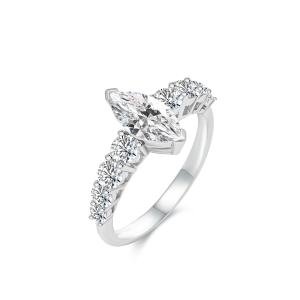 TDG 10K White Gold Lab-Grown Marquise Diamond Ring with Round Side Stones