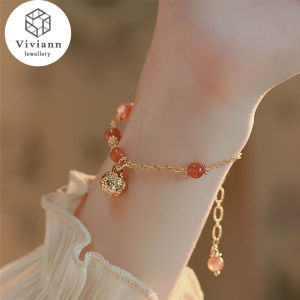 Viviann Original Southern Red Agate Bracelet Bell Pendant Bracelet Womens Summer bracelet with bell bracelet set with box korean style girl Bracelets Charm Beads Bangle Adjustable Charm Jewelry