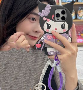 【Hot】Liquid Silicone Phone Case Innovative Kuromi Handbag Shape with Lanyard For iPhone  11 12 13 14 15 16 Series