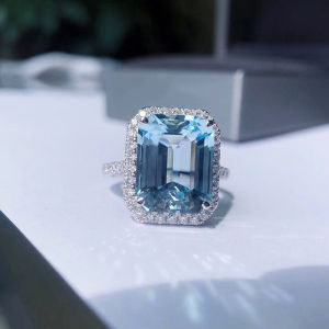 Refers to the 2021 S925 sterling silver square aquamarine ring new blue open adjustable topaz index finger ring