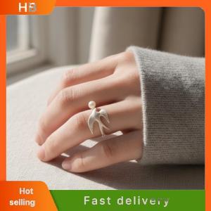 HB Adjustable Flying Bird Pearl Open Ring for Women Minimalist Dainty Bird Fashion Jewelry Office Casual Gift