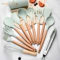 freemarketshop New 12 Pcs Wooden + Silicone Kitchen Utensils / Cooking Tools Set Kitchen Cooking Tools Stand Kitchenware Spatula Silicone Kitchen Utensils Set With Wooden Handles Heat Resistant -30 to 230 C.. 