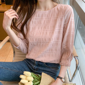 Womens Five-point Sleeves Wild Temperament White Shirt Chiffon T-shirt Women 2021 Spring and Summer New Korean Fashion