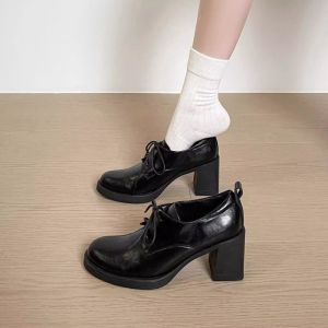 [Free Shipping] Retro-Style Chunky-Heeled Black Leather Shoes For Women Retro Slip-On Loafers Suitable For Petite Women And Ideal For Commuting With A High Heel